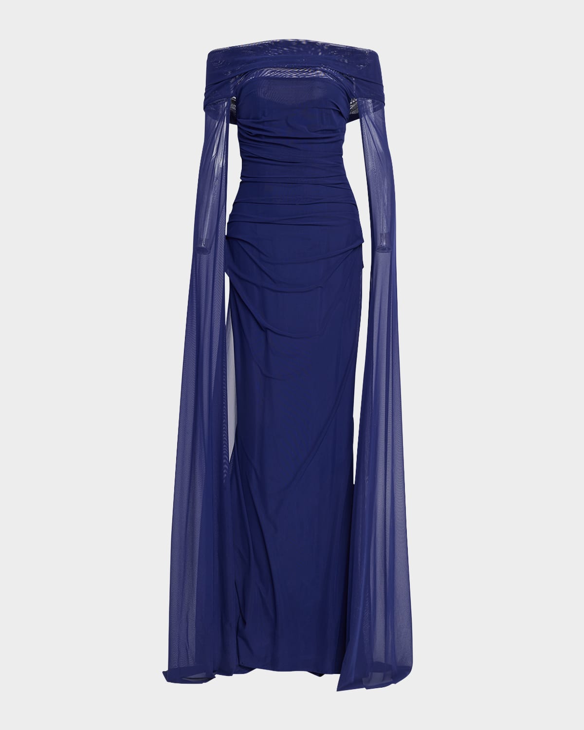 Off-The-Shoulder Ruched Mesh Cape Gown