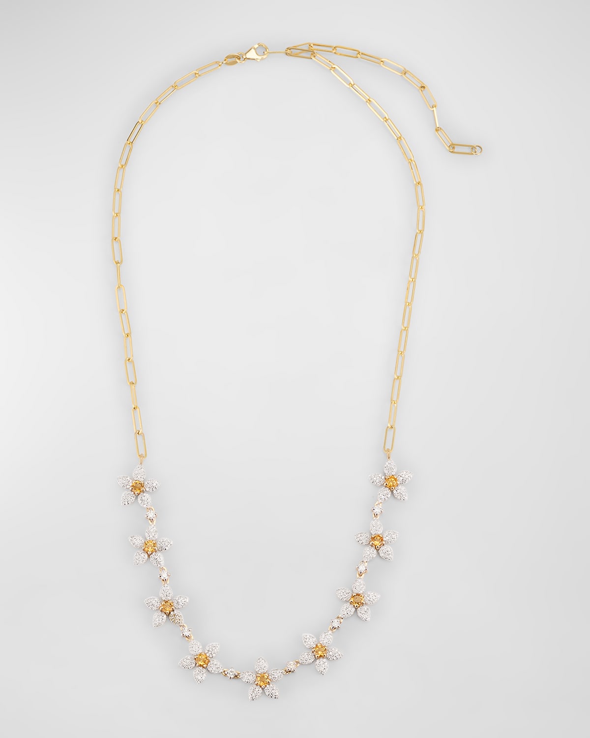14K Yellow Gold Daisy Diamond and Citrine Paperclip Necklace