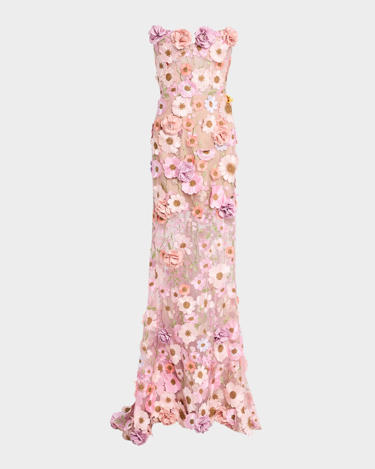 Bronx And Banco Jasmine Strapless Floral-embroidered Gown In Pastel Pink Multi