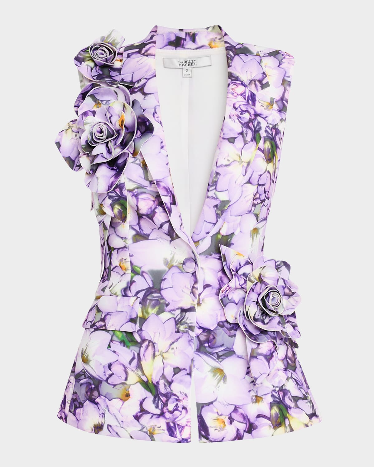 Badgley Mischka Collection Single-Breasted Floral Applique Vest