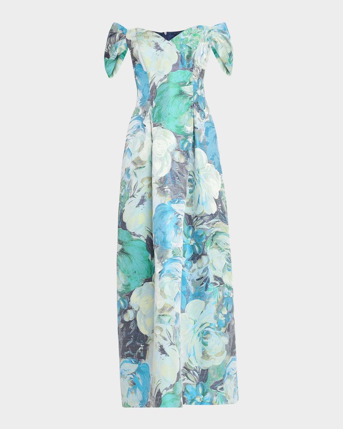 Pleated Off-Shoulder Floral Jacquard Gown