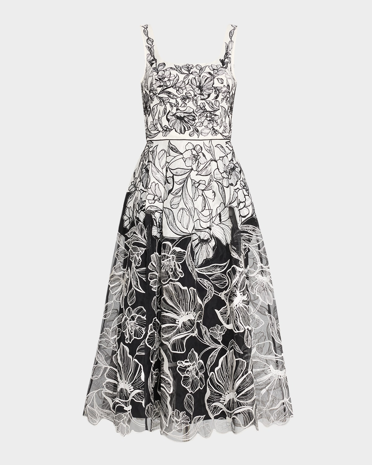 Sleeveless Floral-Embroidered Midi Dress