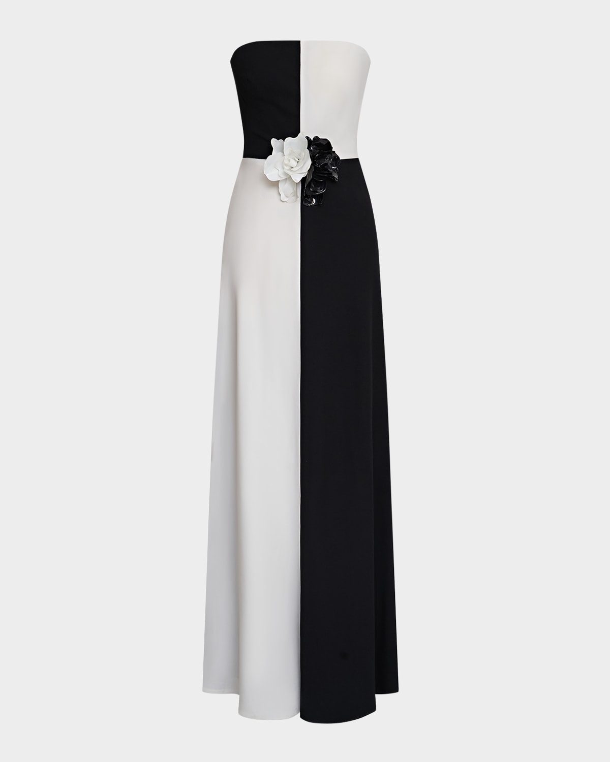 HALSTON CASSIA STRAPLESS TWO-TONE FLORAL APPLIQUE GOWN 