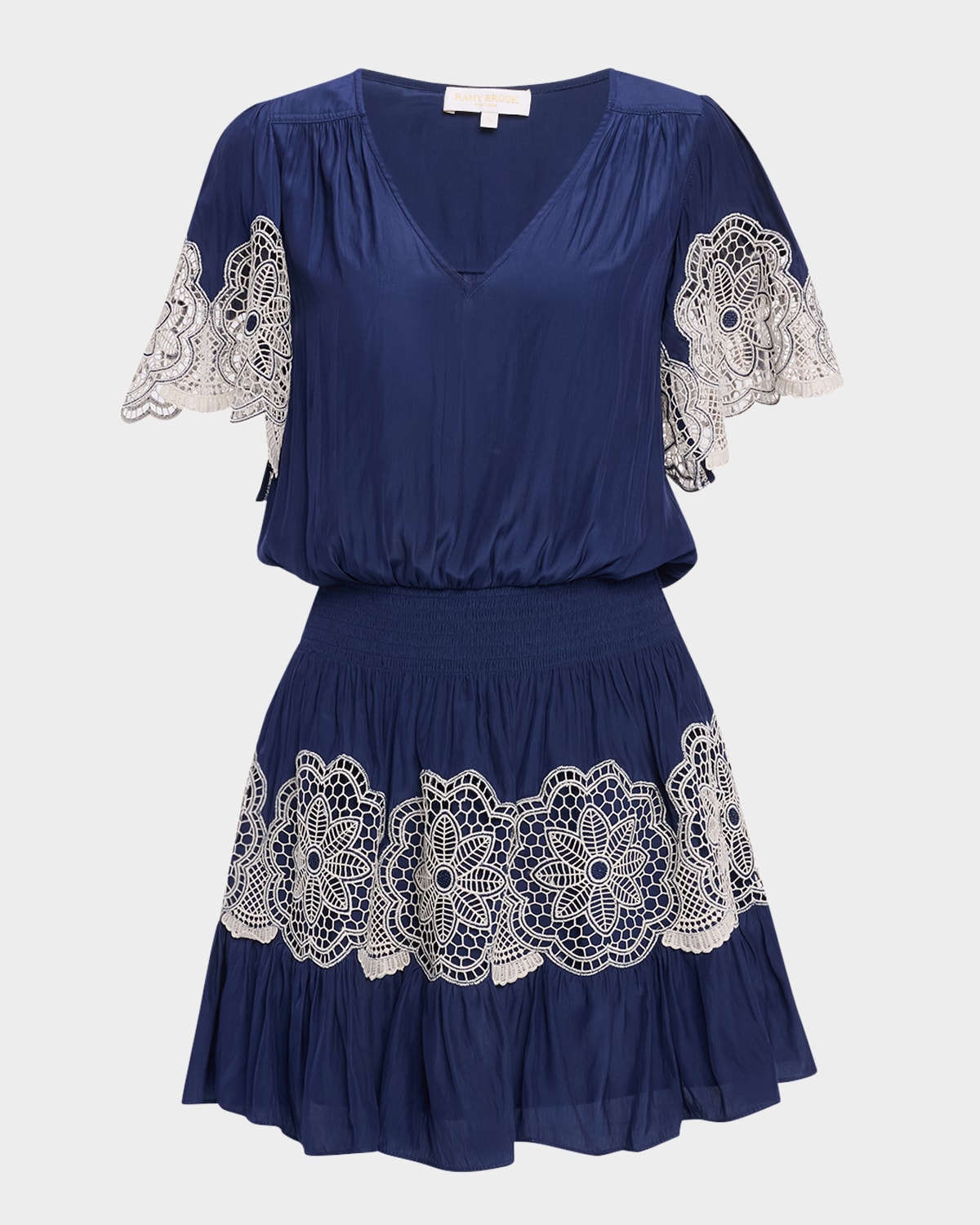 Shop Ramy Brook Romi Embellished Smocked Mini Dress In Spring Navy