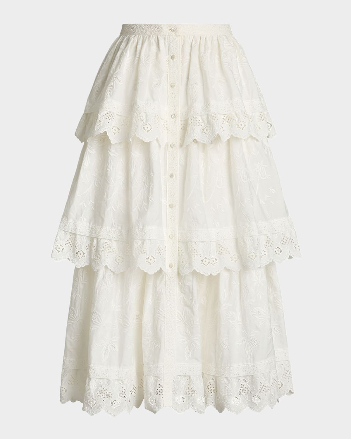 RALPH LAUREN CAITLIN TIERED EMBROIDERED COTTON POPLIN MIDI SKIRT 
