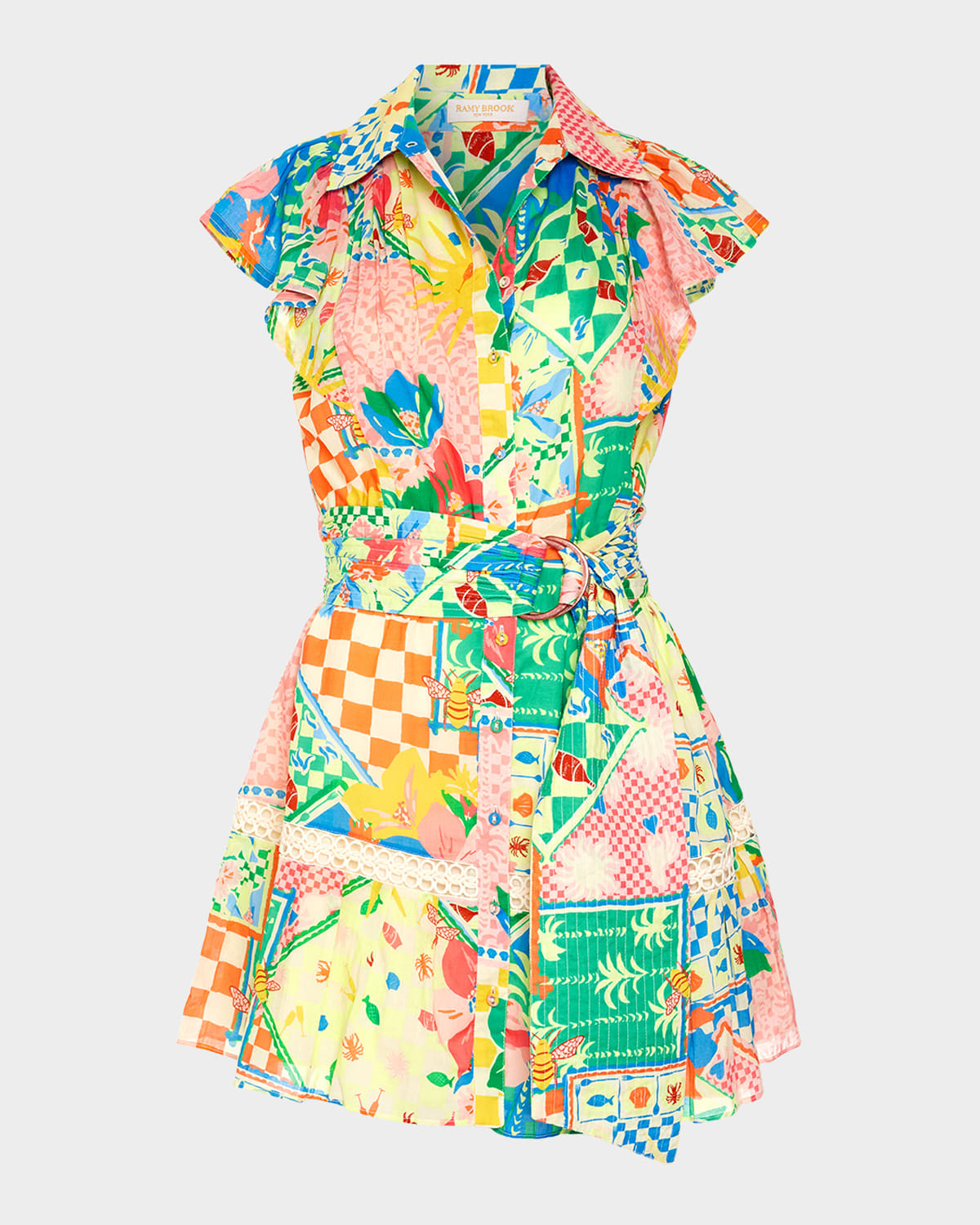 Ramy Brook Marceline Belted Cotton Poplin Mini Shirtdress In Garden Print