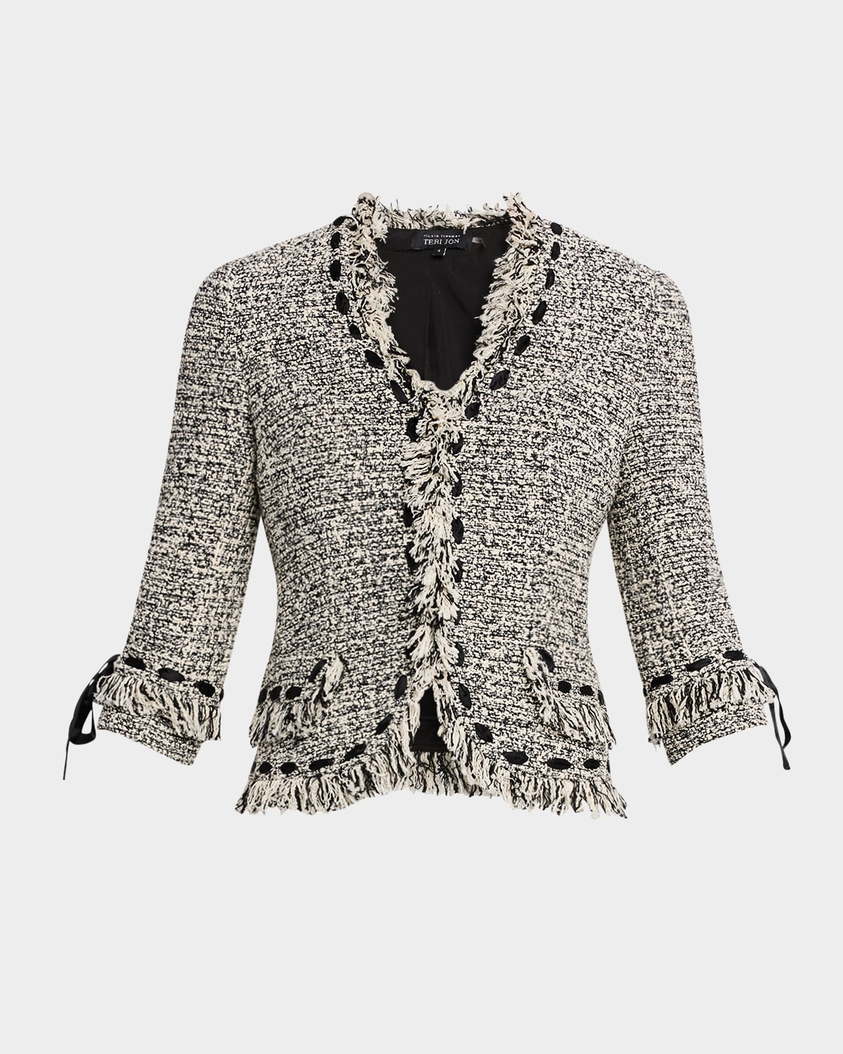 Ribbon-Trim Fringed Tweed Jacket