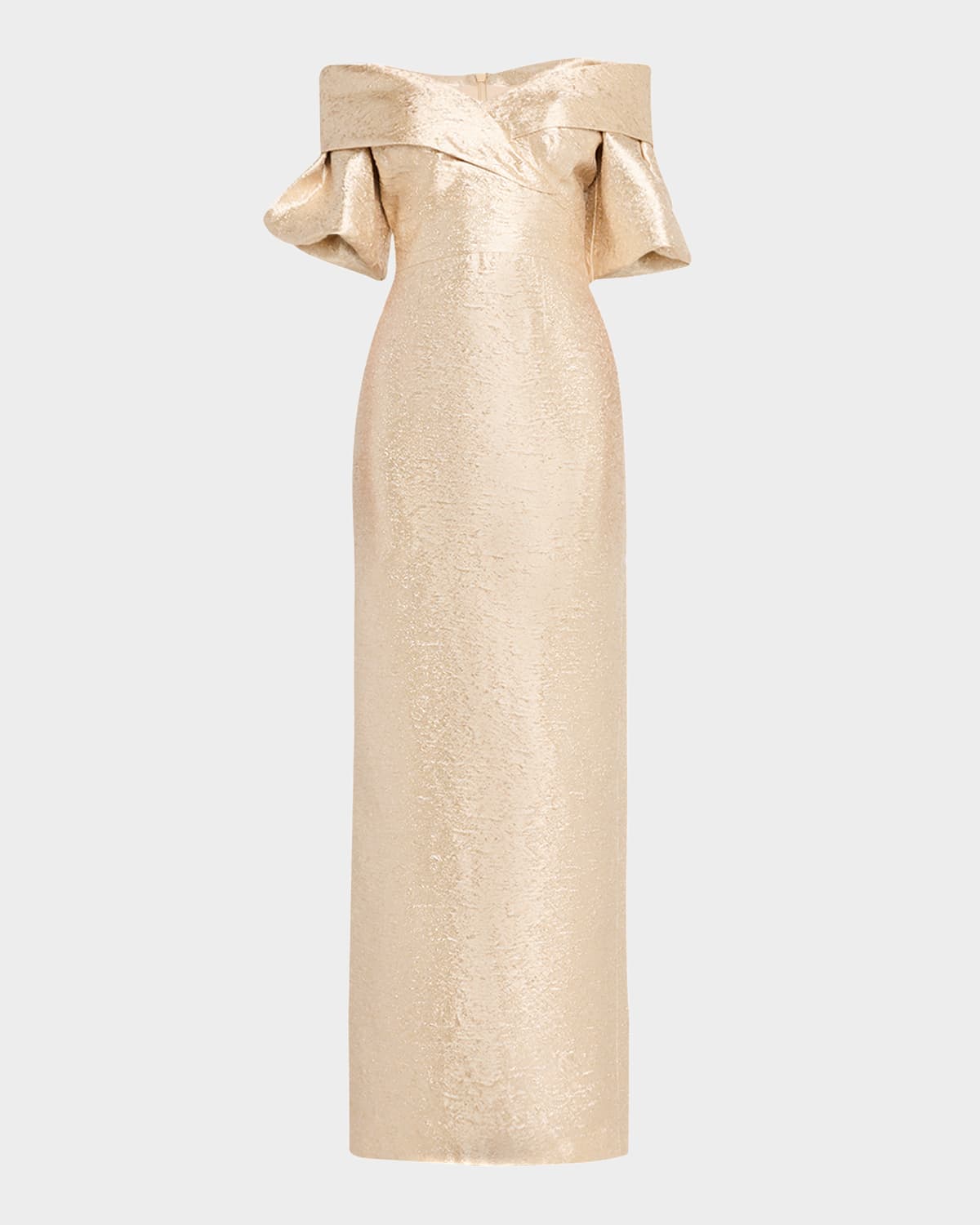 Rickie Freeman For Teri Jon Off-shoulder Metallic Jacquard Column Gown In Gold
