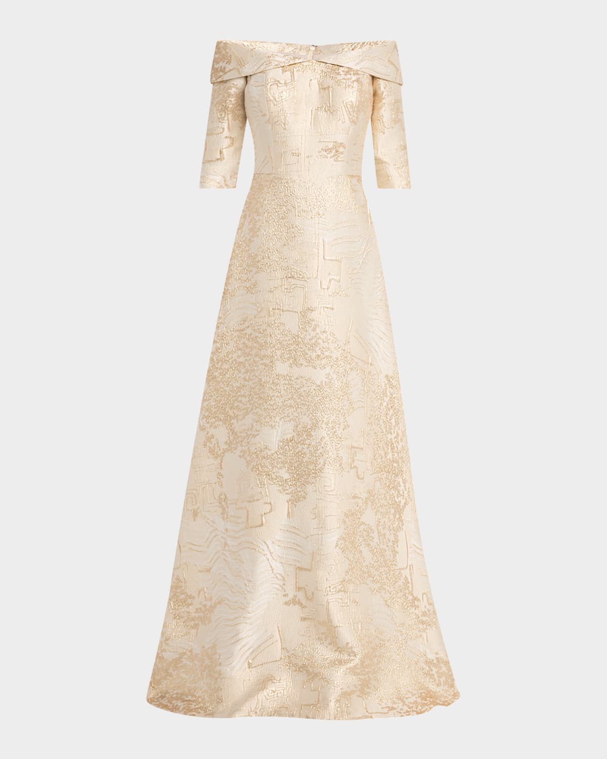 Rickie Freeman For Teri Jon Off-shoulder Metallic Jacquard Gown In Cham Gold