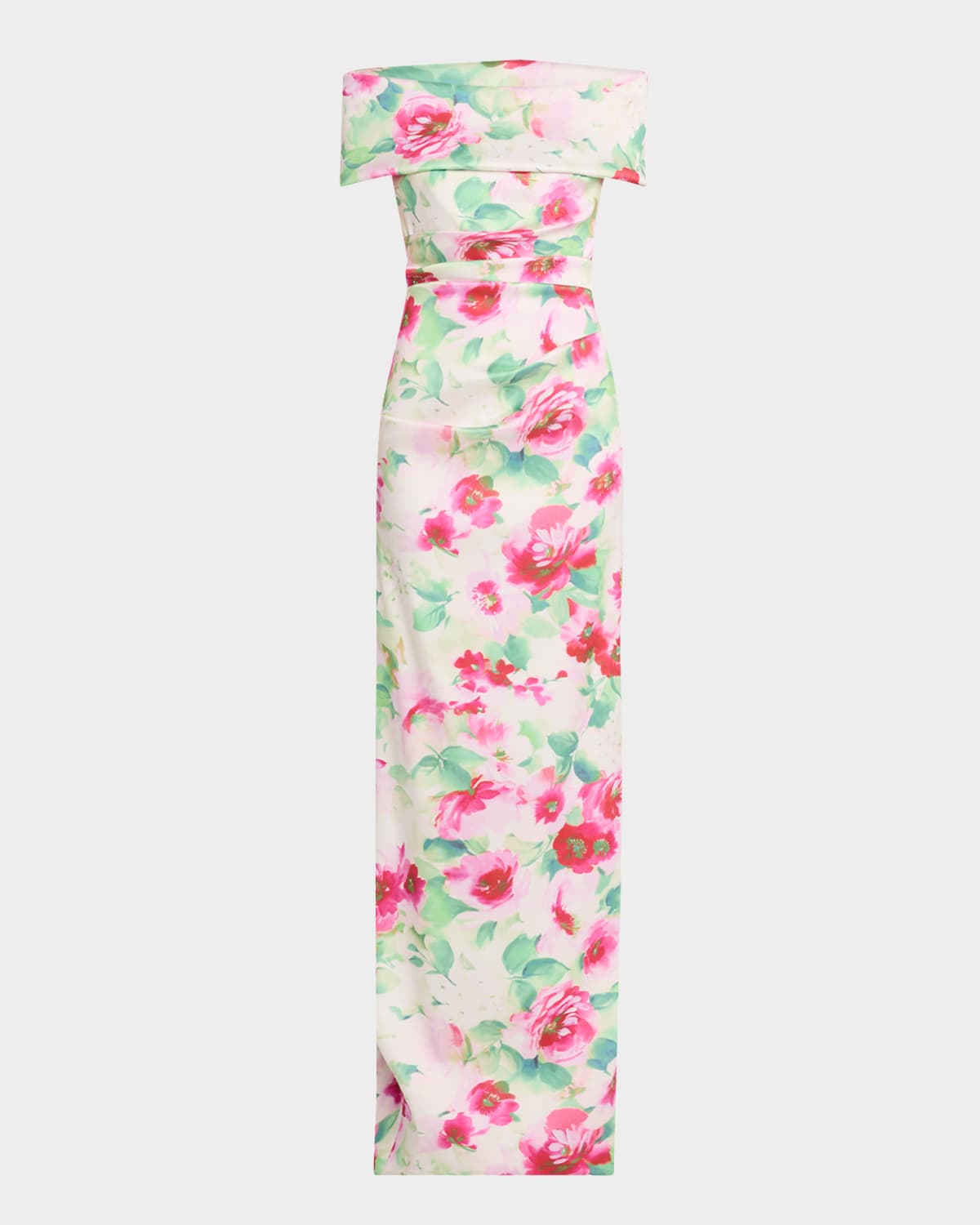 Rickie Freeman For Teri Jon Off-shoulder Pleated Mikado Column Gown In White Multi