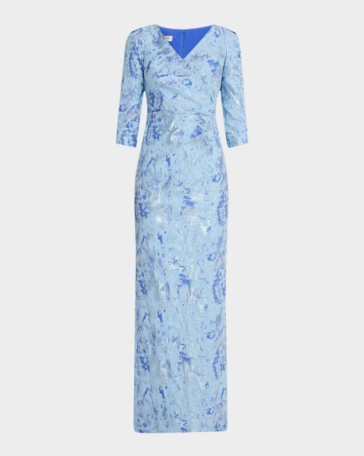 Rickie Freeman For Teri Jon Pleated Metallic Jacquard Column Gown In Lavender Multi