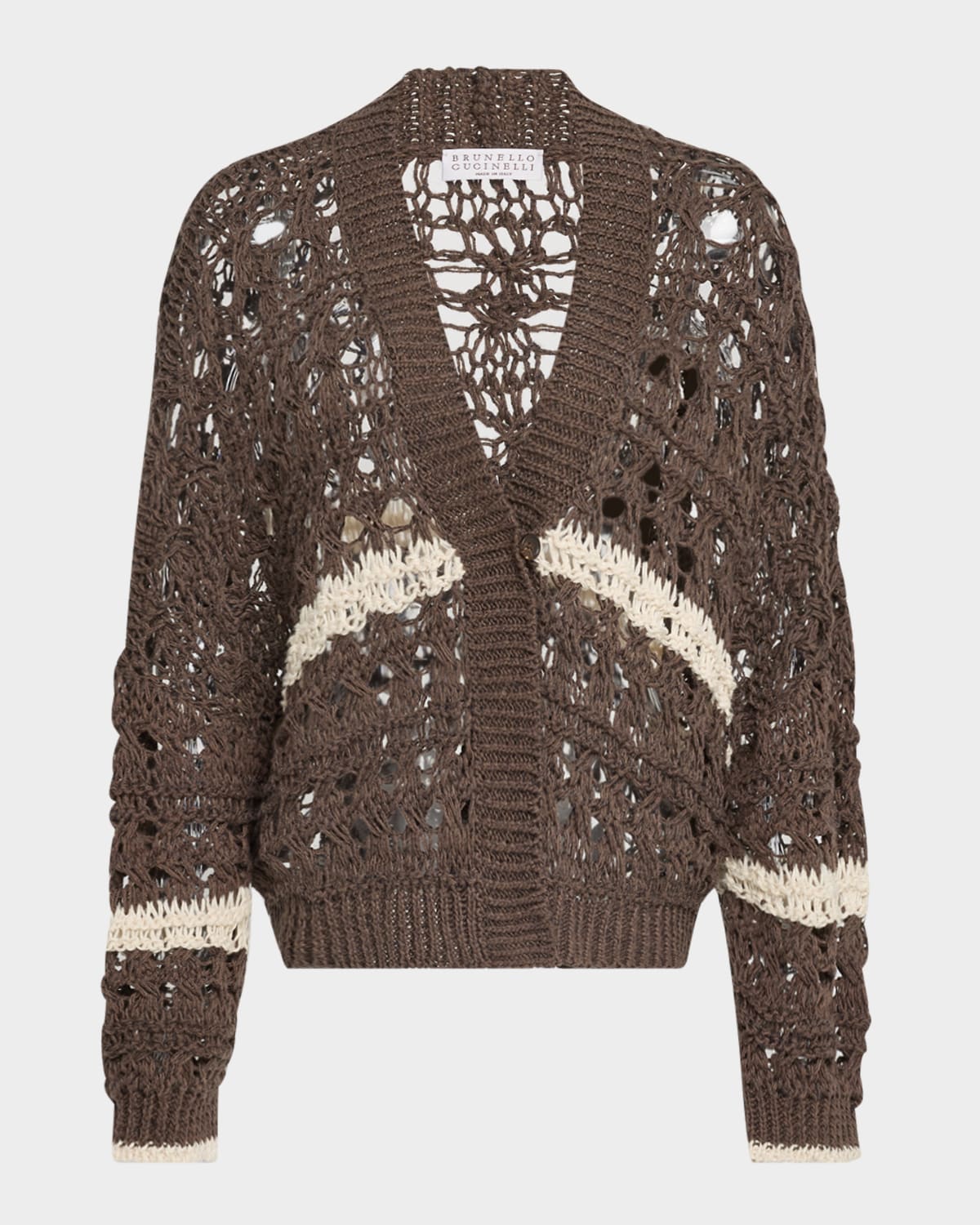 Brunello Cucinelli Stripe Cotton-jute Open Knit V-neck Cardigan