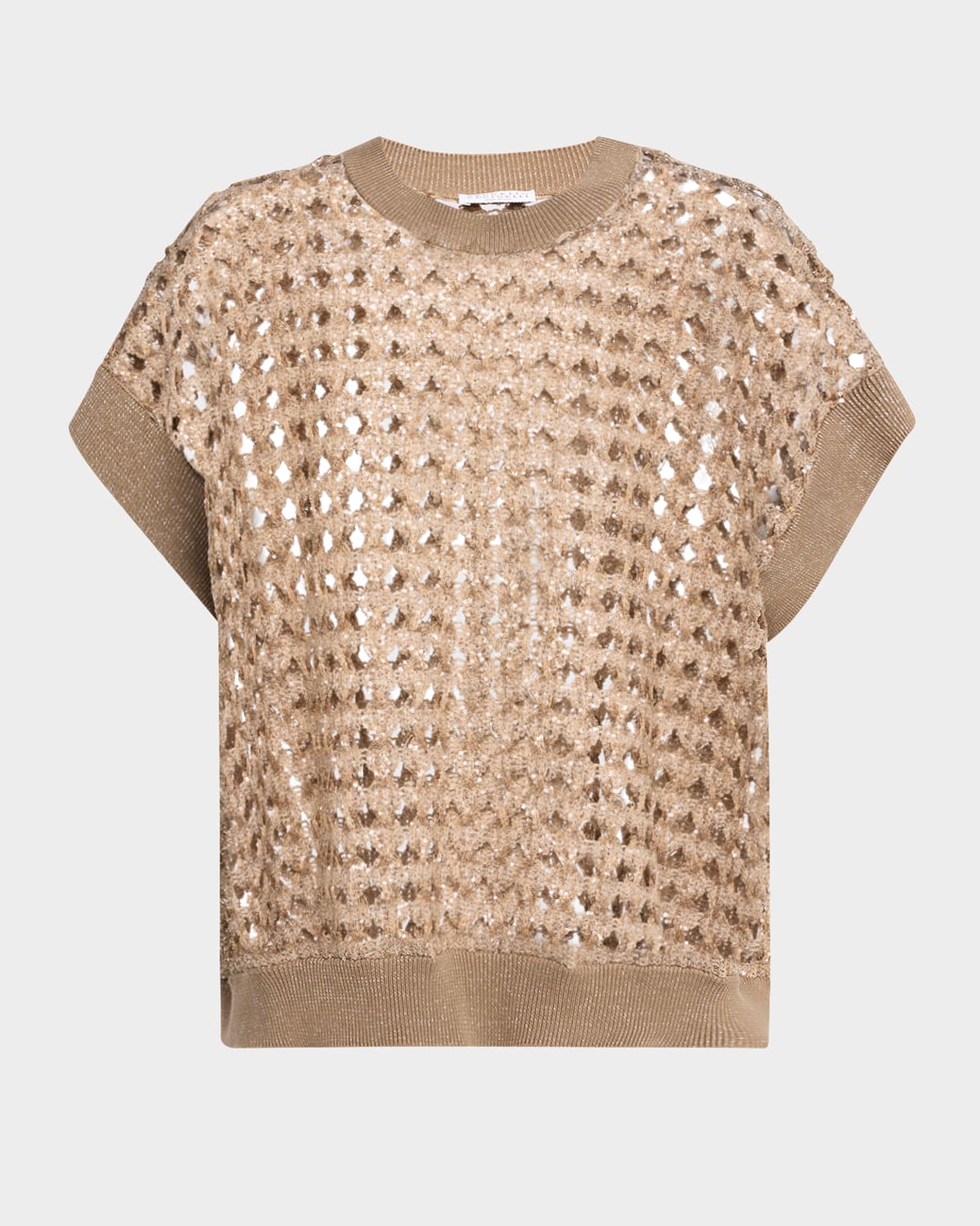 Brunello Cucinelli Short-sleeve Paillette Cotton-jute Open Knit Sweater