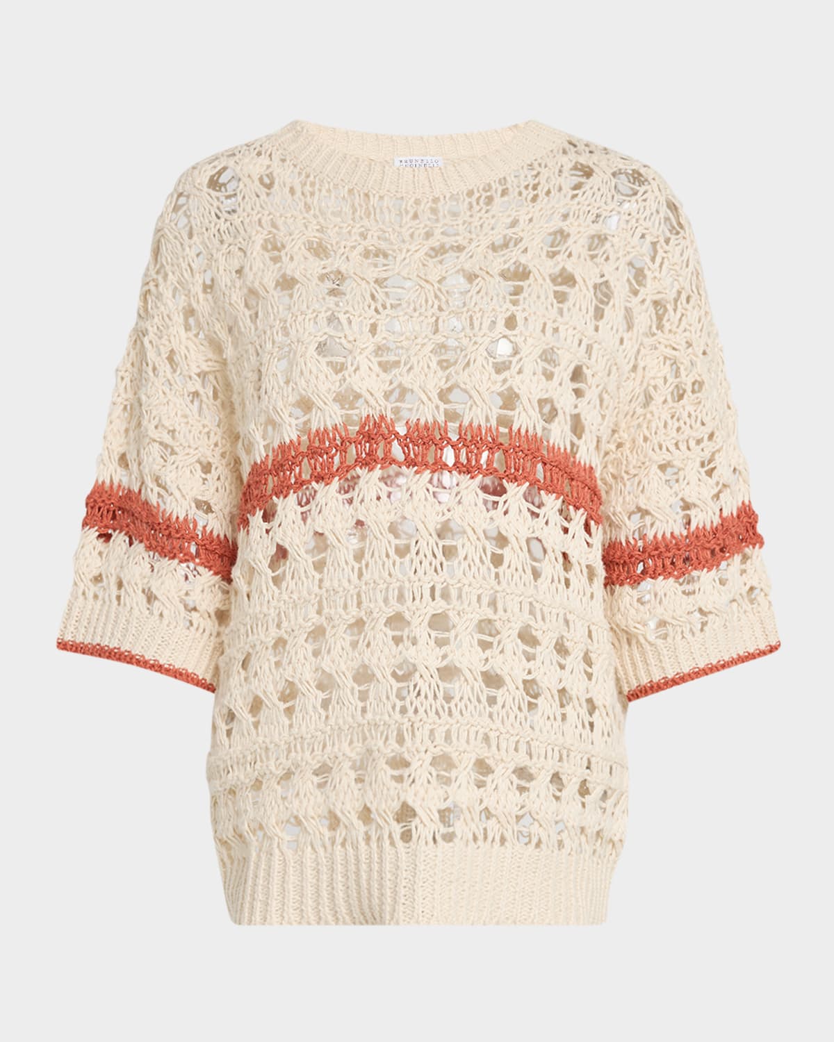 Brunello Cucinelli Stripe Cotton-jute Open Knit Short-sleeve Sweater