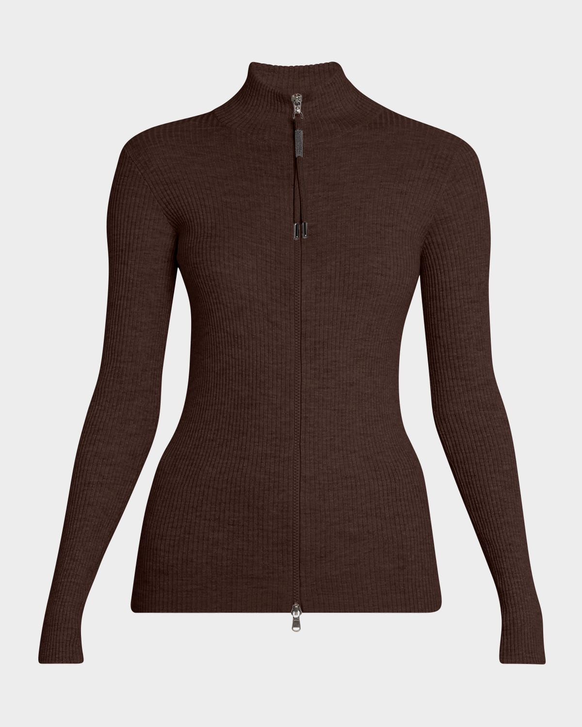 Brunello Cucinelli Ribbed Long-sleeve Monili Zip-up Top In Brown