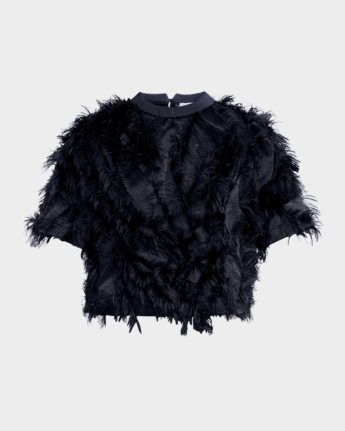 Brunello Cucinelli Short-sleeve Fringe Fil Coupé Jacquard Blouse In Blue