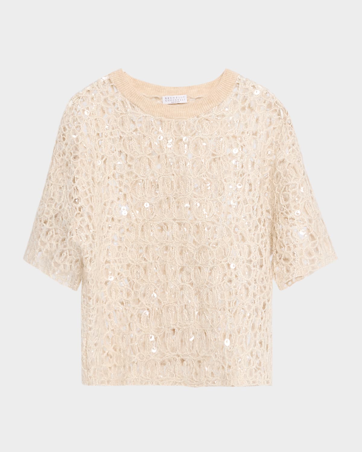 Brunello Cucinelli Wool-cashmere Sequined Open-knit Short-sleeve Sweater In White