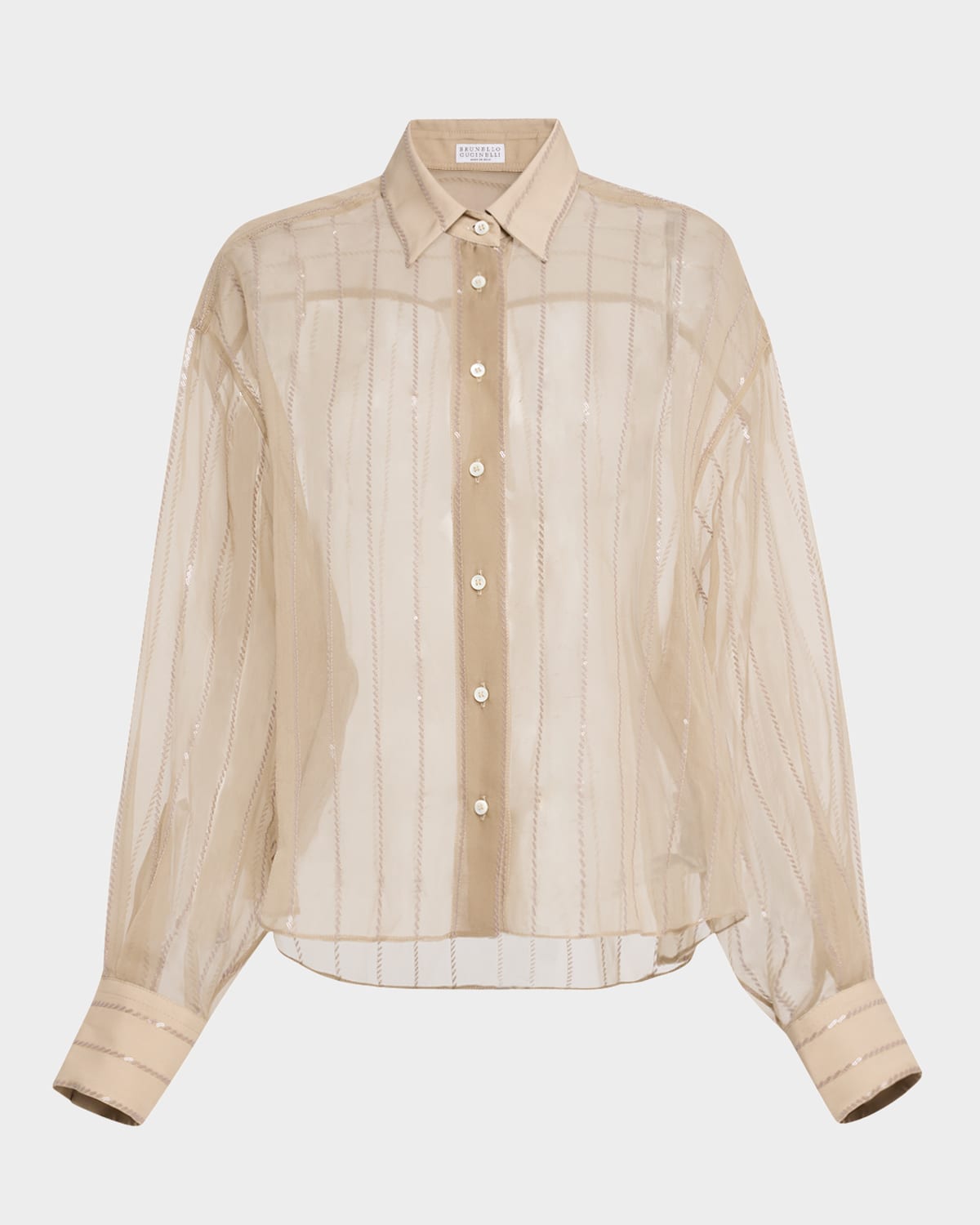 Brunello Cucinelli Striped Paillette Crispy Silk Chiffon Button-down Blouse