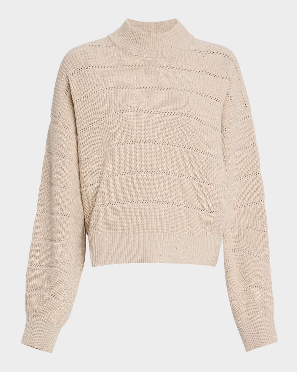 Brunello Cucinelli Mock-neck Paillette Horizontal Open-knit Sweater In Neutral