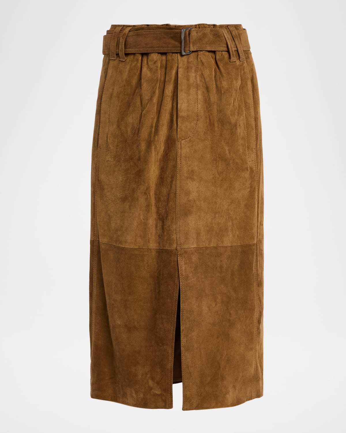 Brunello Cucinelli Suede Belted Midi Skirt In Brown
