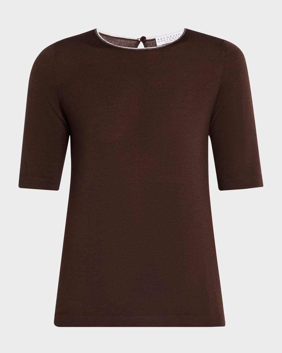 Brunello Cucinelli Cashmere And Silk Short-sleeve Monili Trim Knit Top In Blue