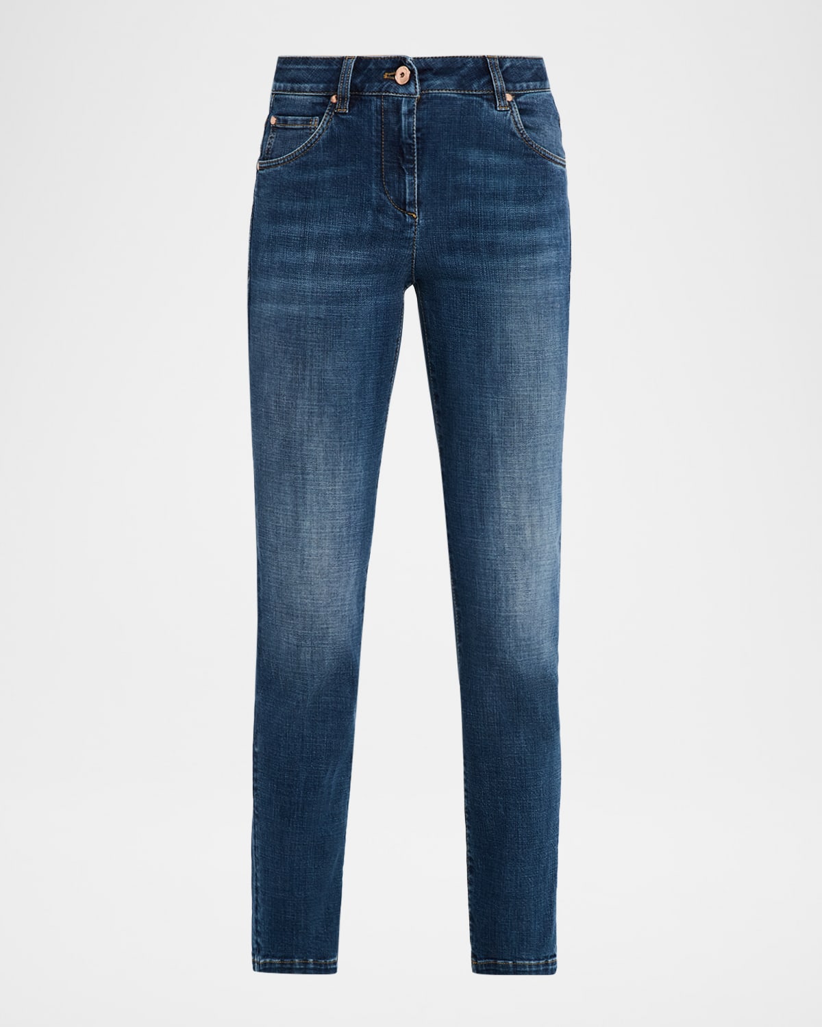 Brunello Cucinelli Embellished Skinny Cotton Jeans With Contrast Stitching In Blue