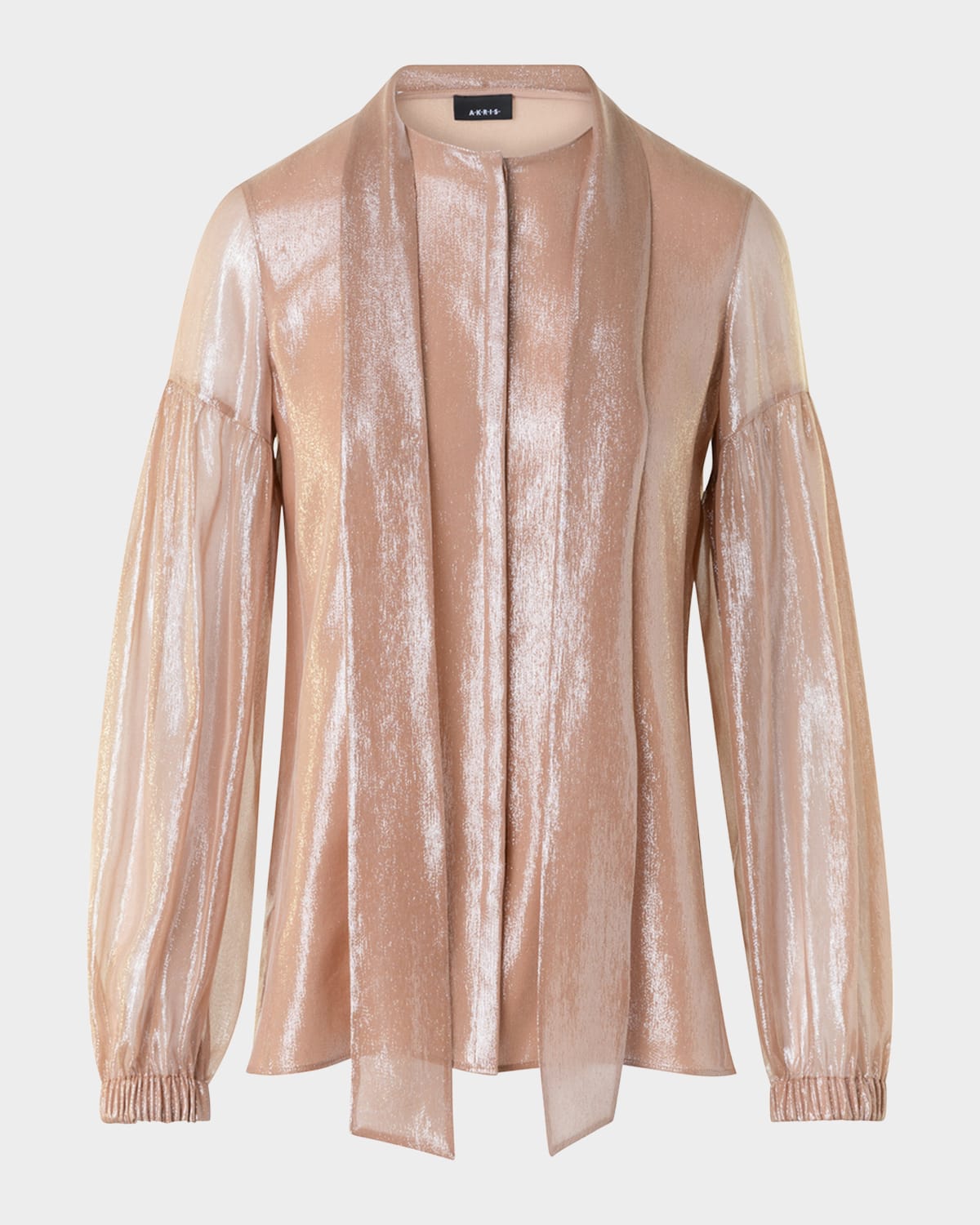 Akris Metallic Silk Puff-sleeve Neck-scarf Blouse