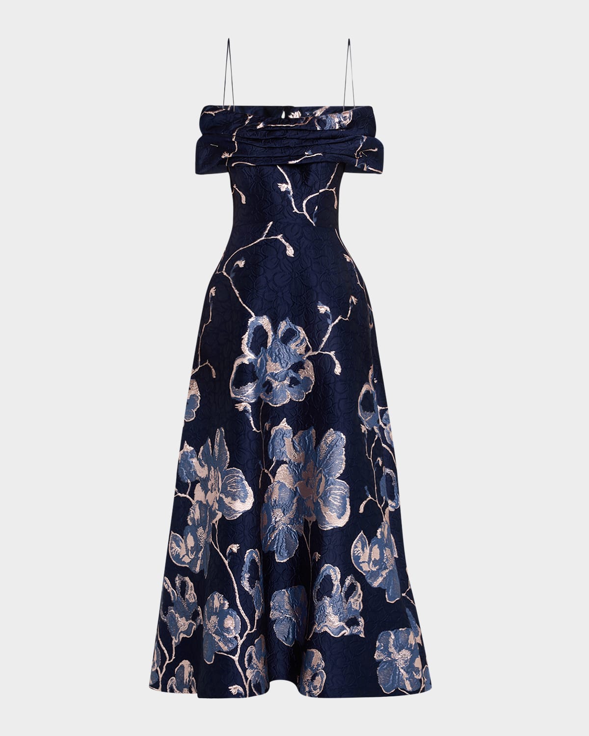 Rickie Freeman For Teri Jon Off-shoulder Metallic Jacquard Gown In Navy Multi