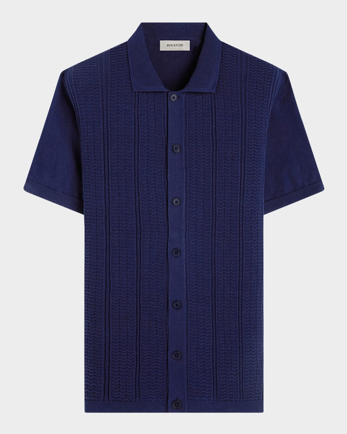 Bugatchi Chevron Short Sleeve Knit Button-up Shirt In Navy