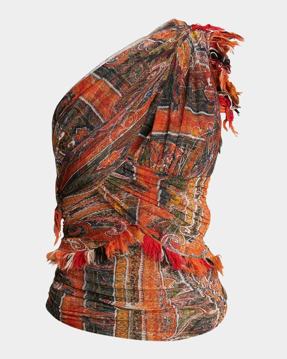 Isabel Marant Devona One-shoulder Fringed Wrap-effect Paisley-print Mesh Tank In Orange
