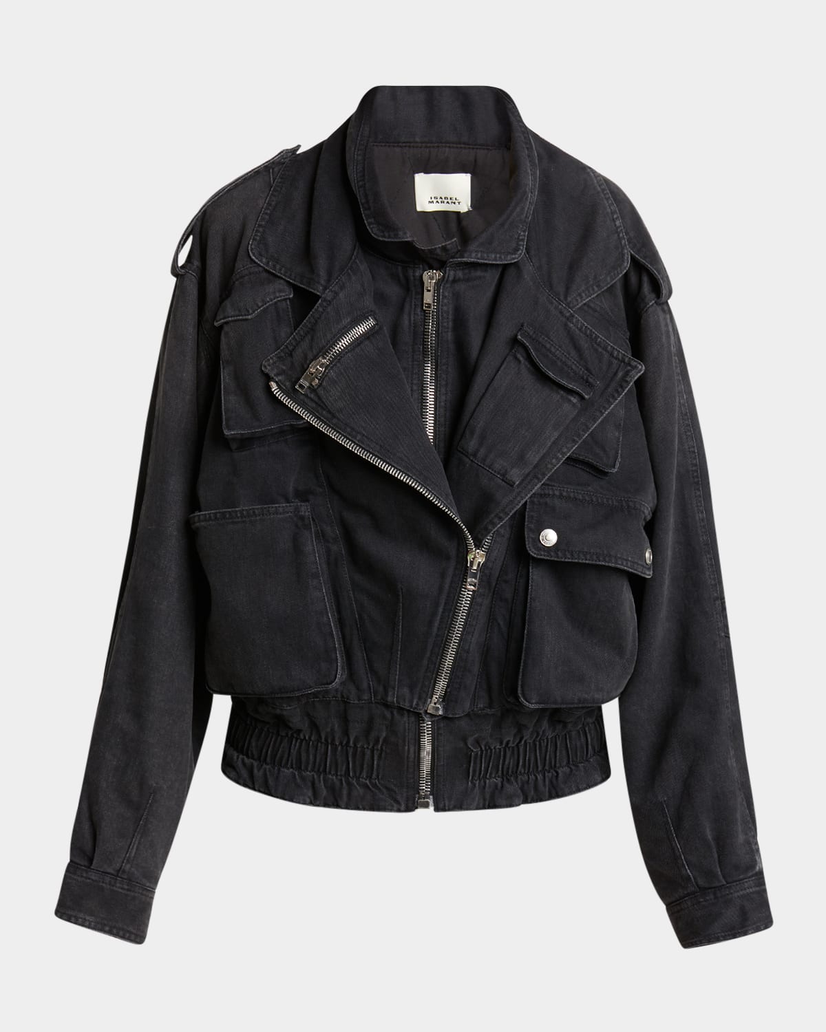 Isabel Marant Aneli Asymmetric Double Denim Bomber Jacket In Faded Black