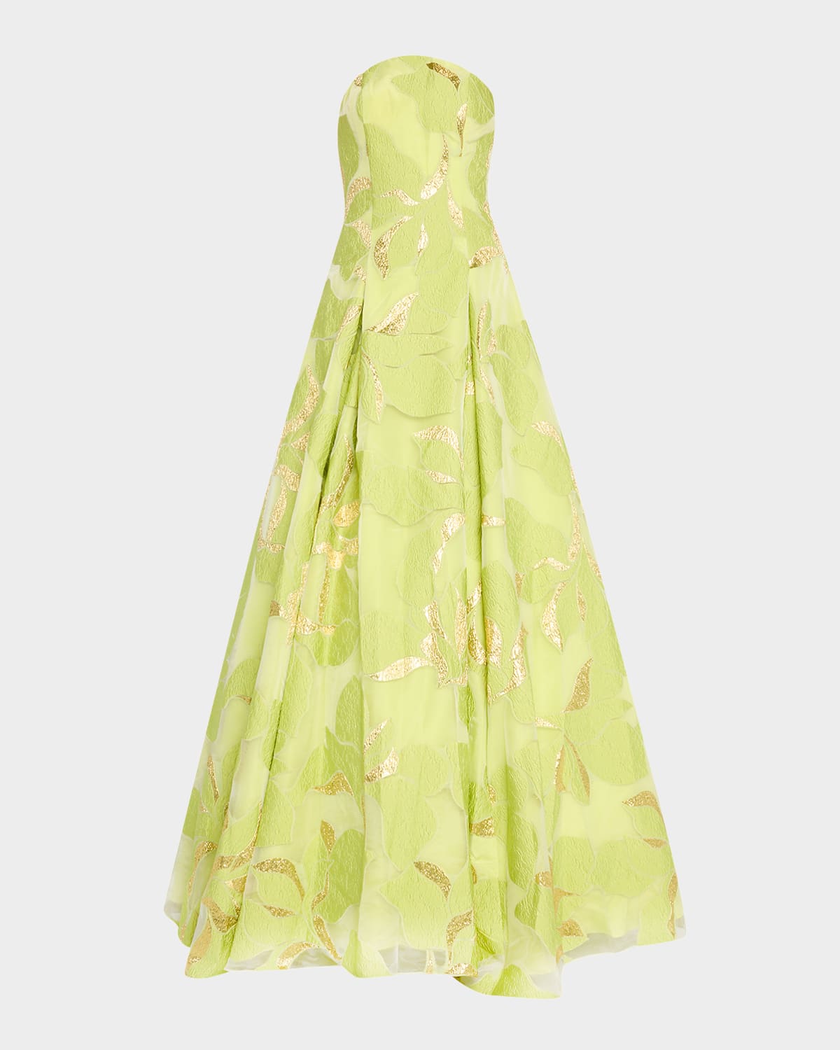 Pleated Strapless Floral Jacquard Gown