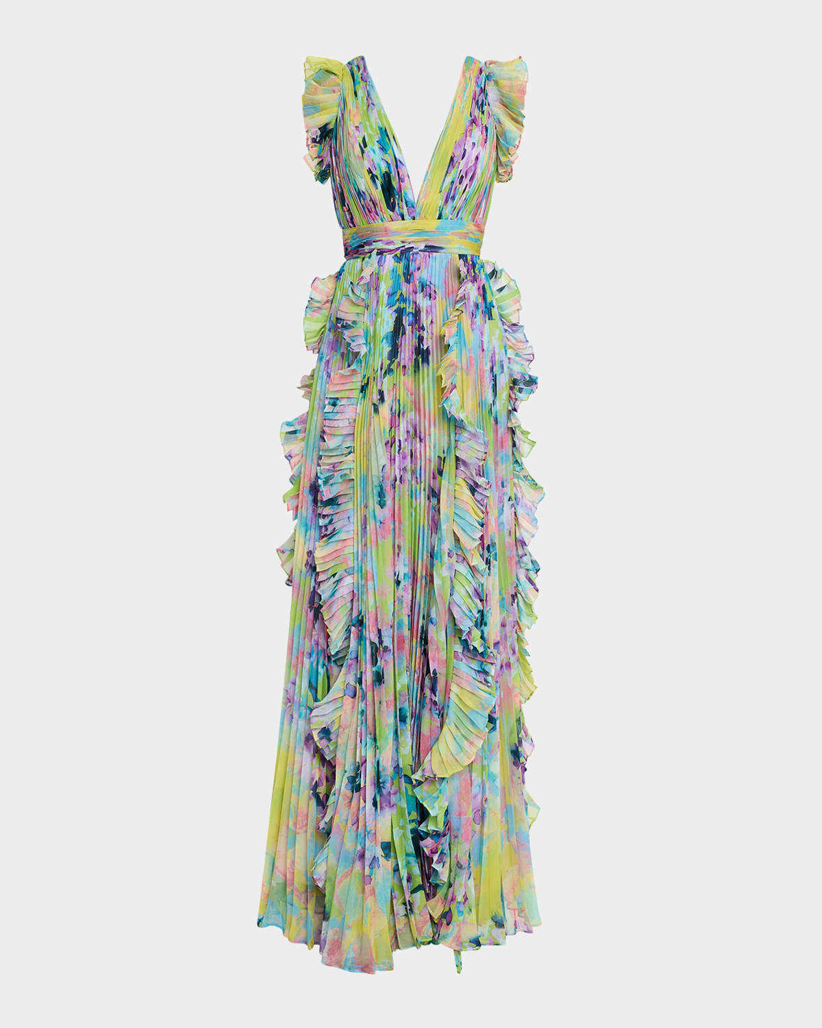 Pleated Ruffle-Trim Chiffon Gown