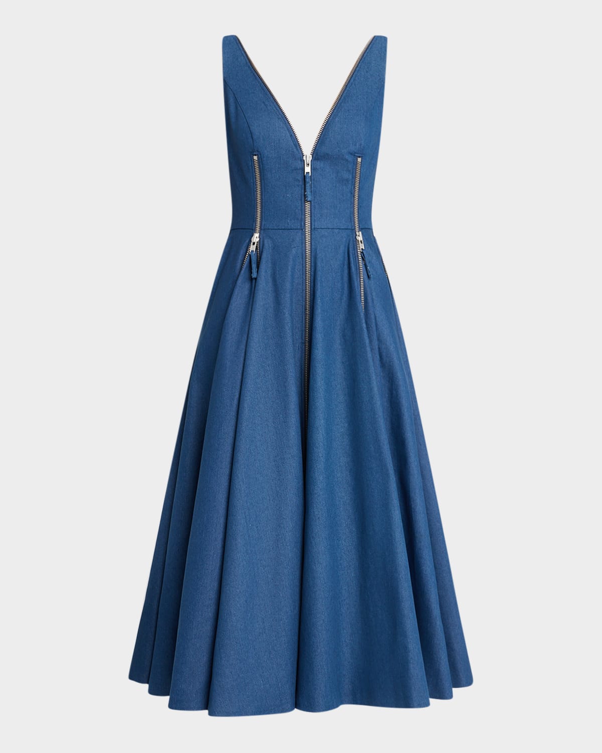 Zipper-Embellished Godet Denim Midi Dress