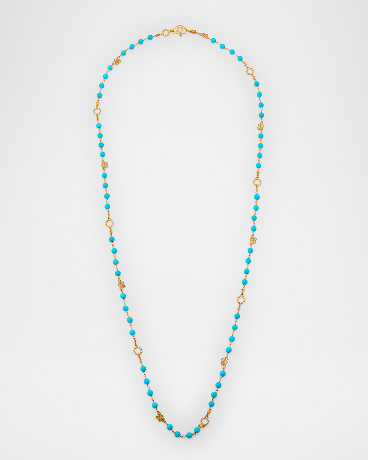20K Yellow Gold Necklace with 5mm Turquoise Beads and Diamonds, 36.75"L