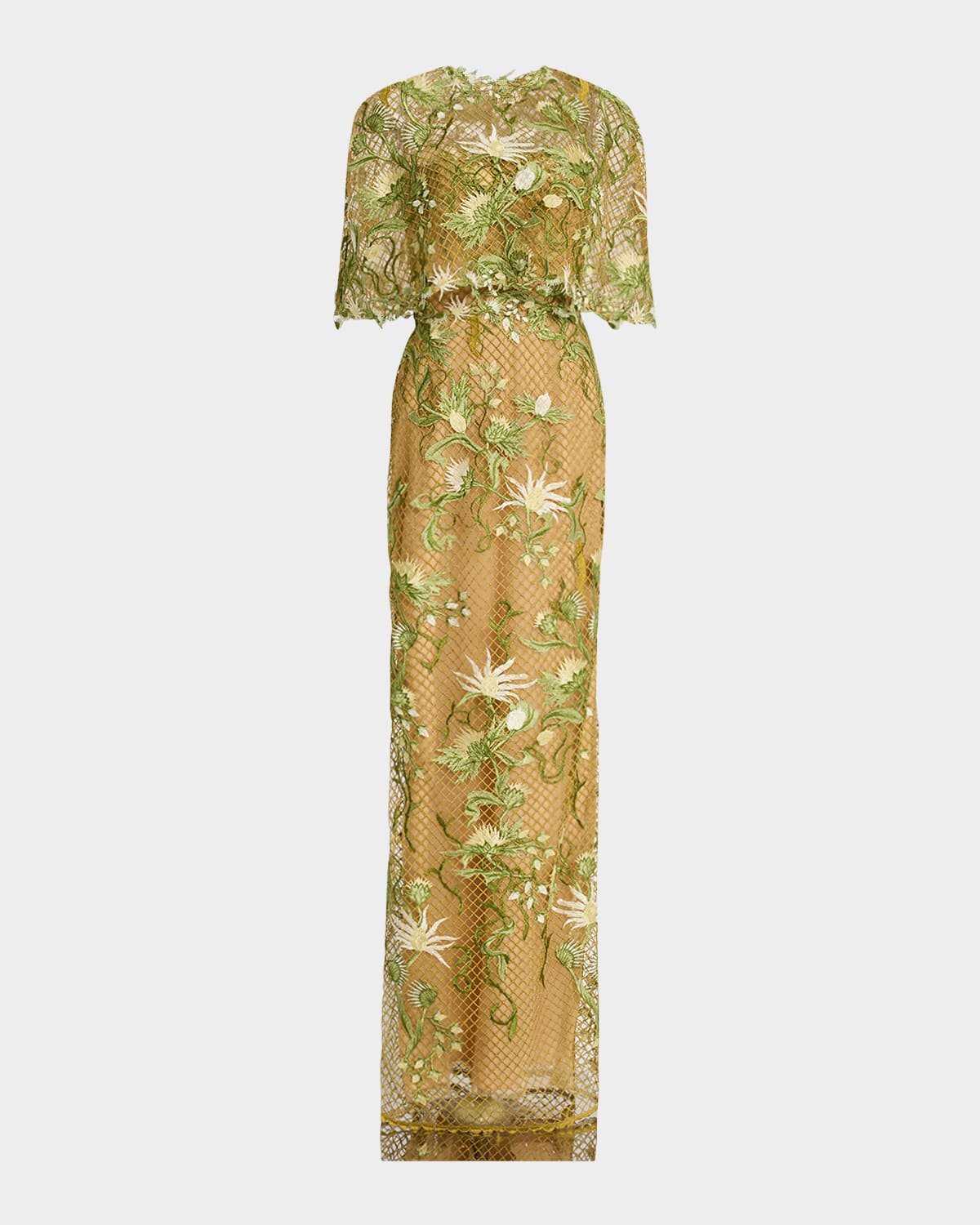 Marchesa Notte Floral-embroidered Capelet Column Gown