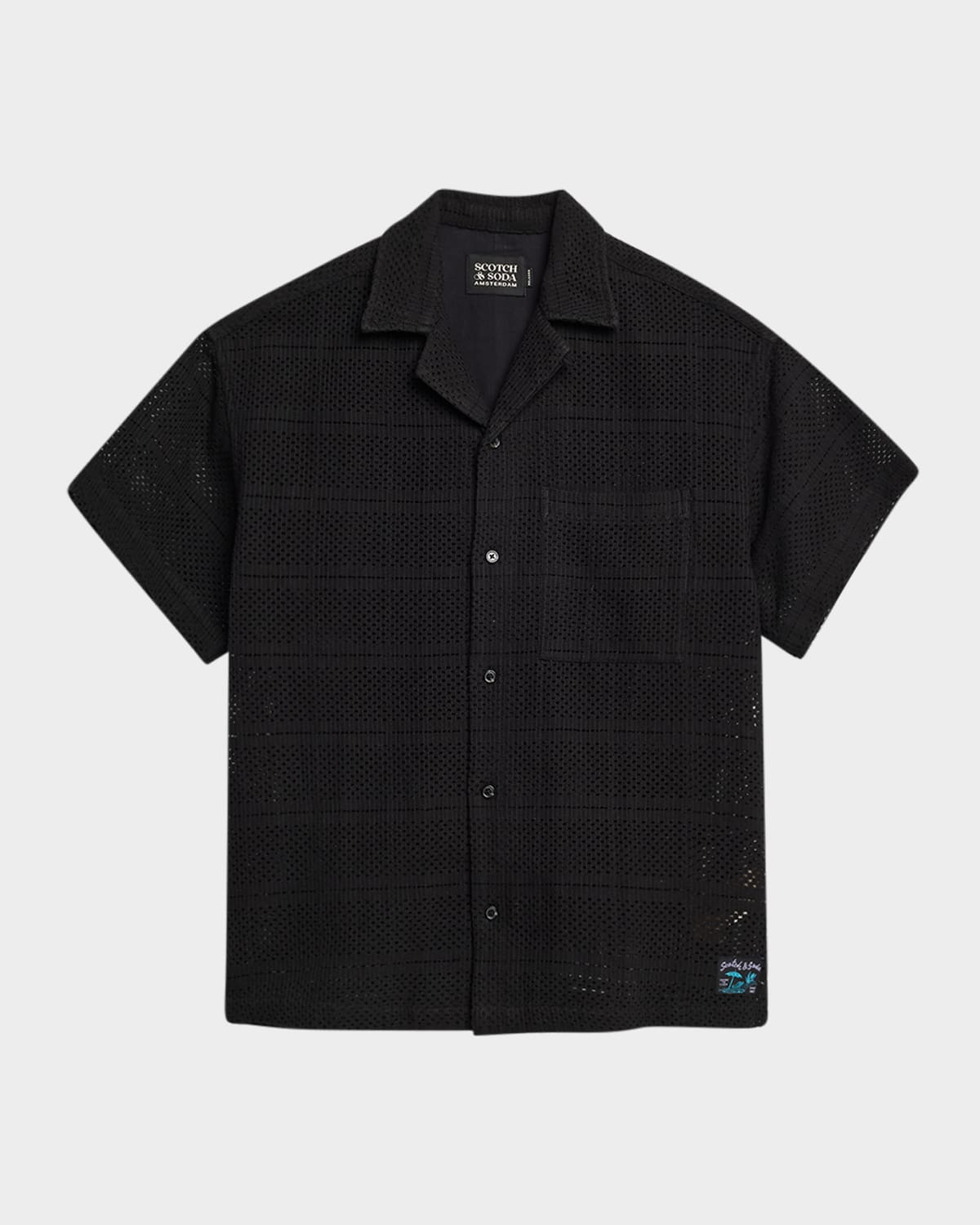 Scotch & Soda Relaxed Fit Open Knit Short Sleeve Button-up Shirt In Washed Black