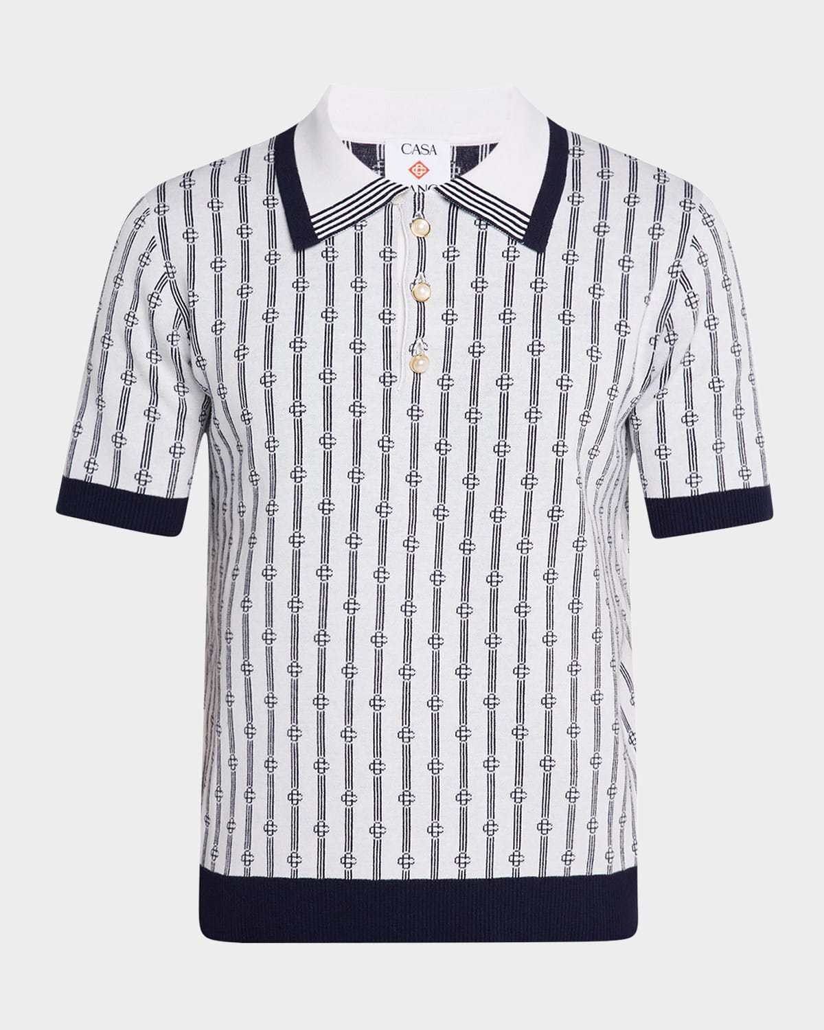 Casablanca White Polo With Classic Collar And All-over Logo Motif In Cotton Man In Navy