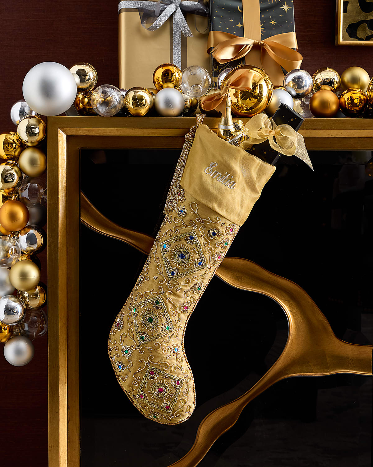 Sudha Pennathur Metallic Tissue Christmas Stocking With Gems, Personalized