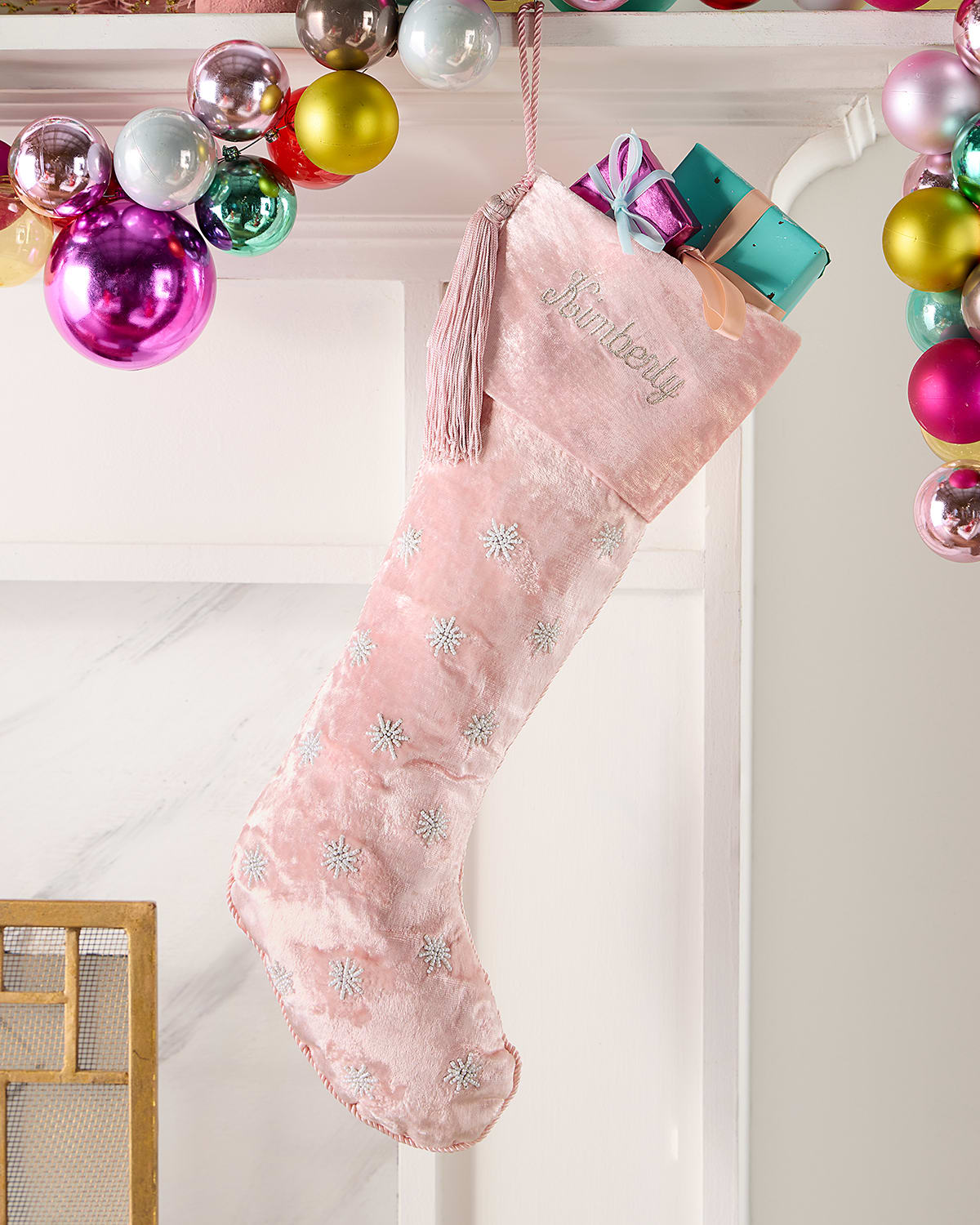 Sudha Pennathur Beaded Snowflakes Velvet Christmas Stocking, Personalized