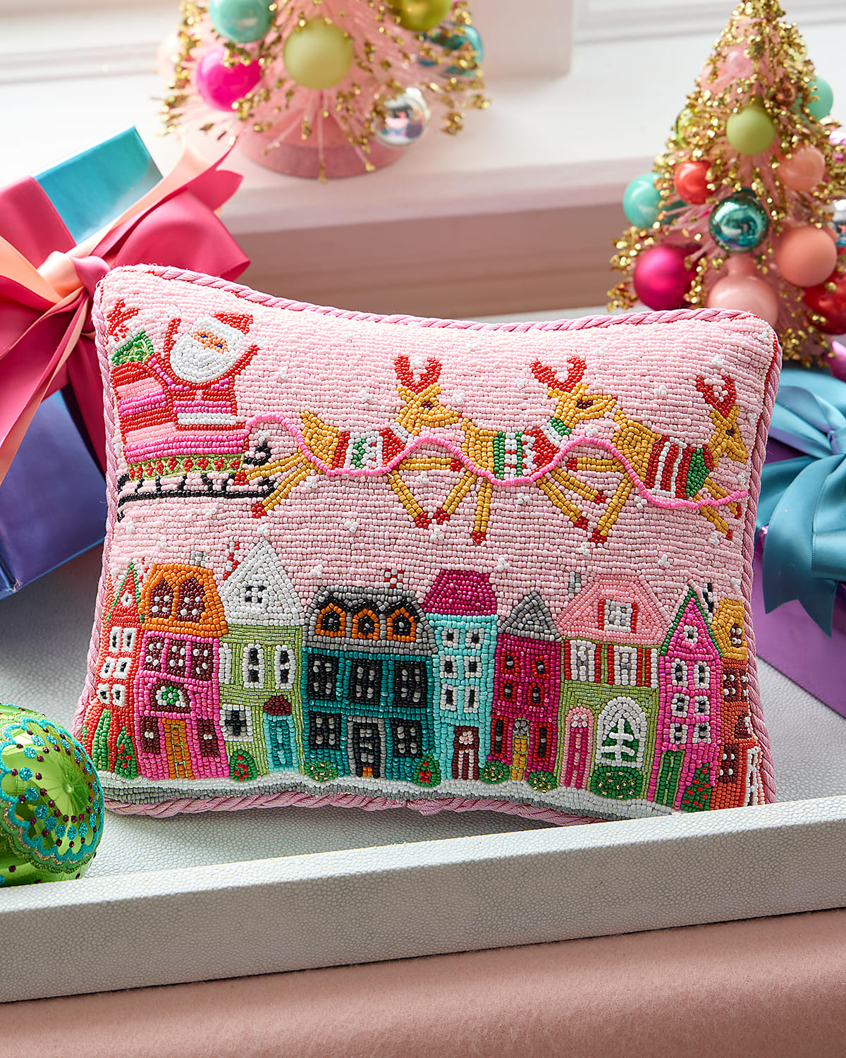Sudha Pennathur Santa In Sleigh Over Buildings Beaded Pillow, 9" X 11"