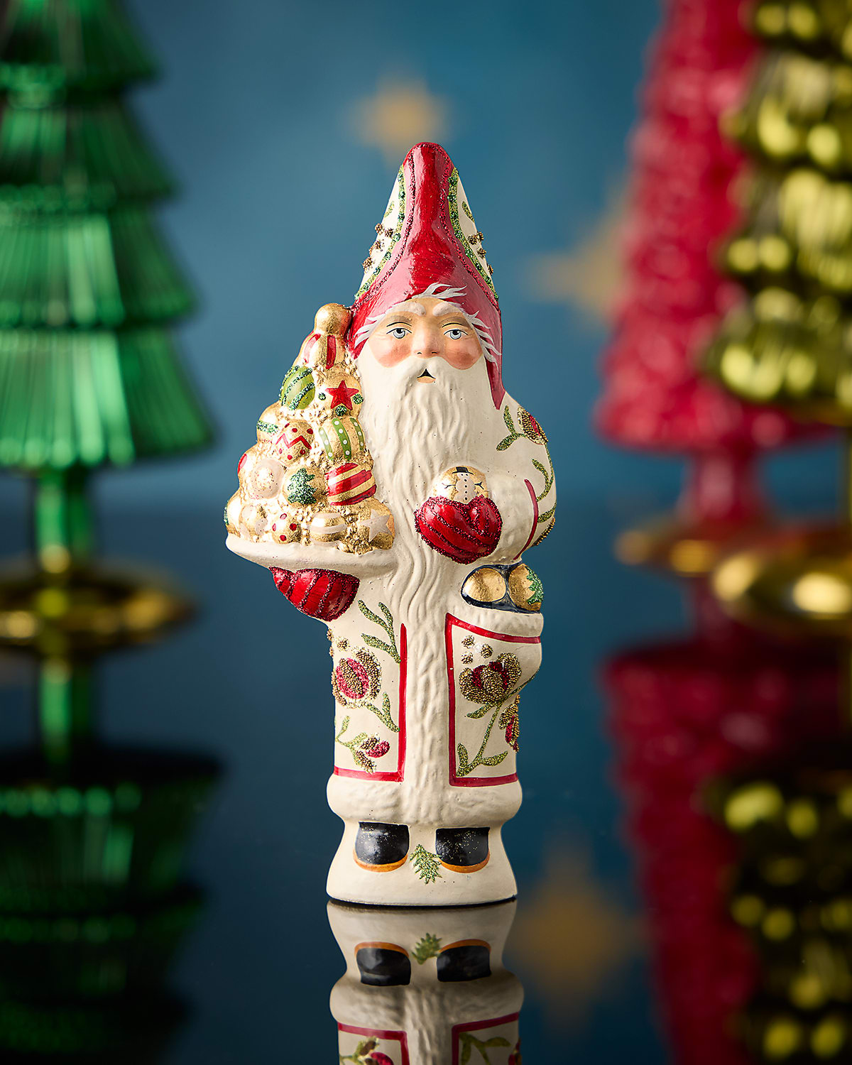 Vaillancourt Folk Art Father Christmas Holding Gold Ornaments Figurine