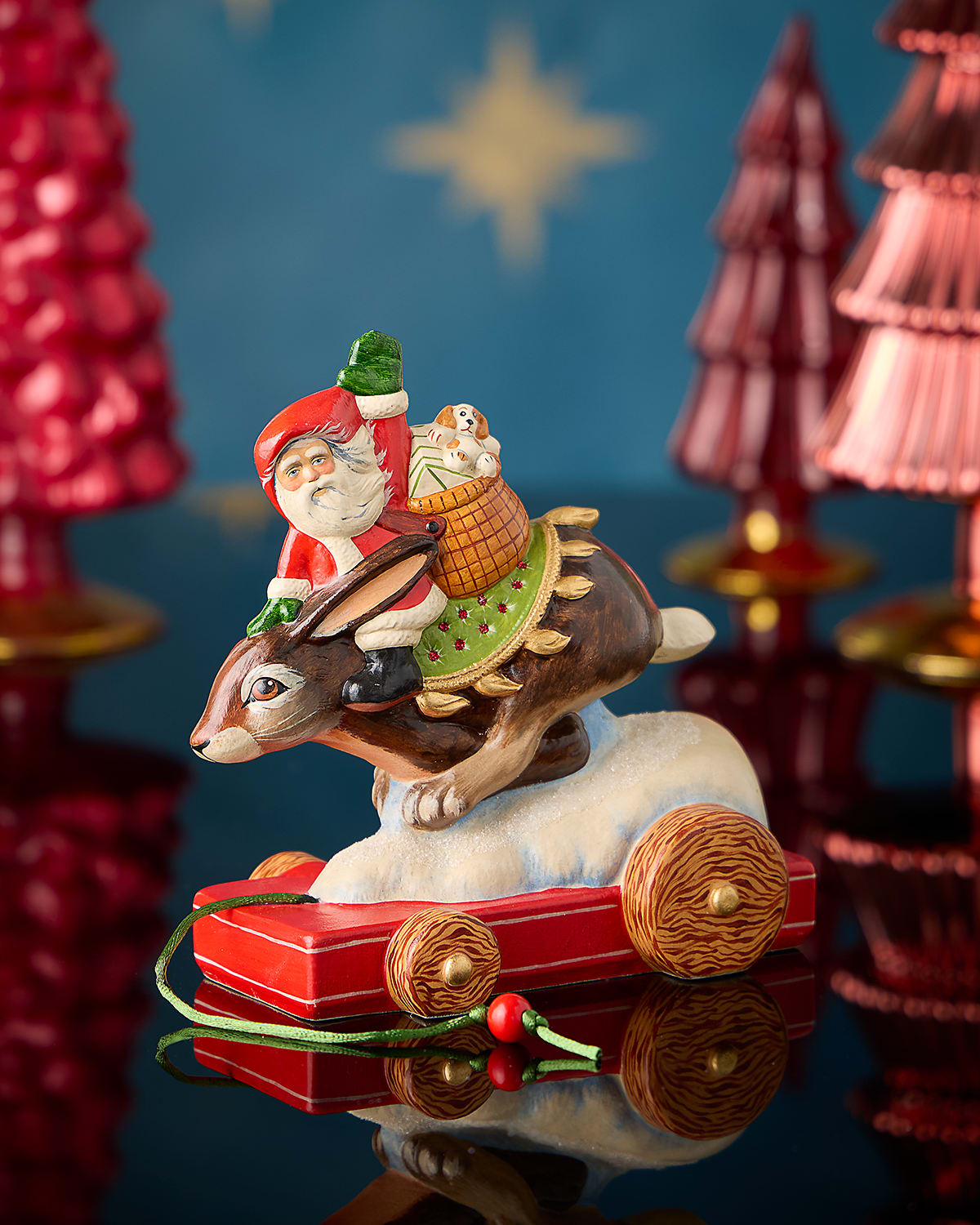 Vaillancourt Folk Art Santa On Rabbit Pull Toy Christmas Figurine