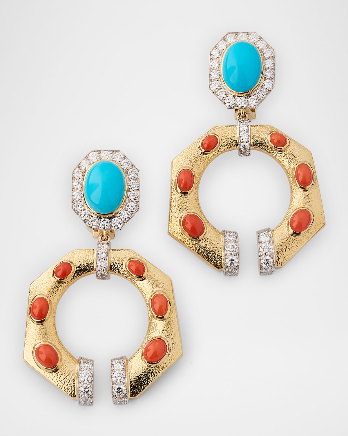 18K Octagonal Gap Link Earrings with Diamonds, Coral and Turquoise
