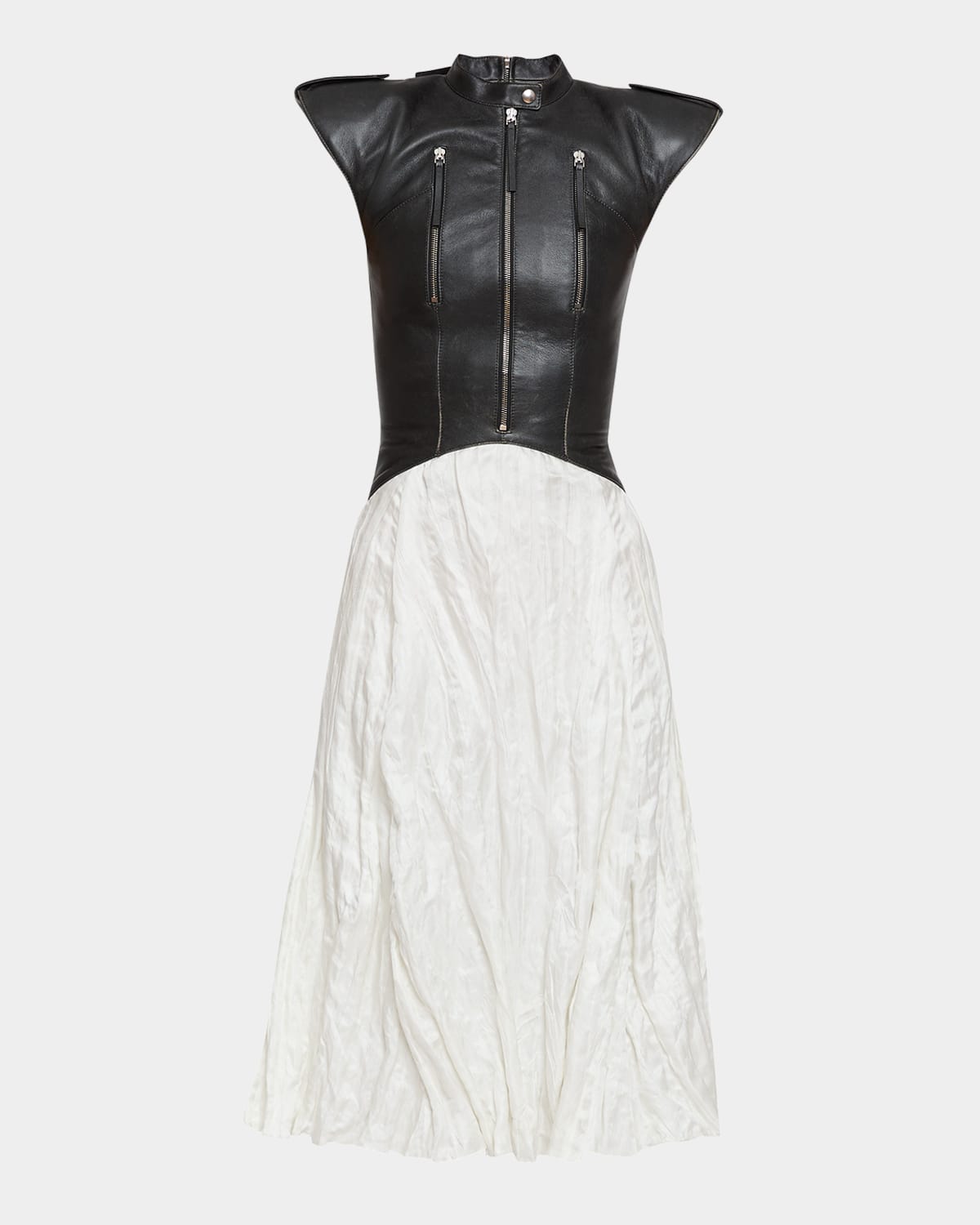 Athena Strong-Shoulder Leather Fit-&-Flare Dress