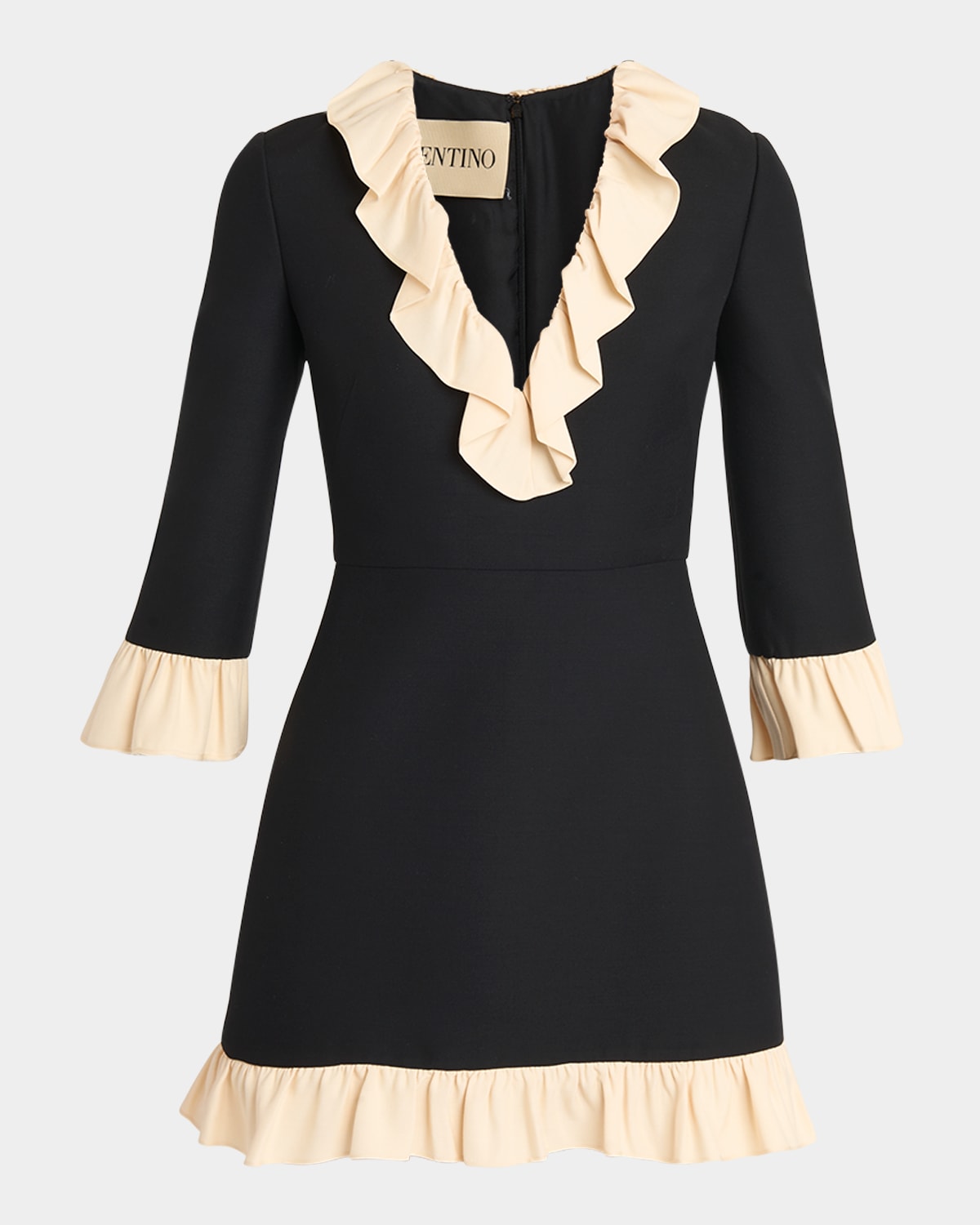 Valentino Ruffle V-neck 3/4-sleeve Mini Dress In Brown