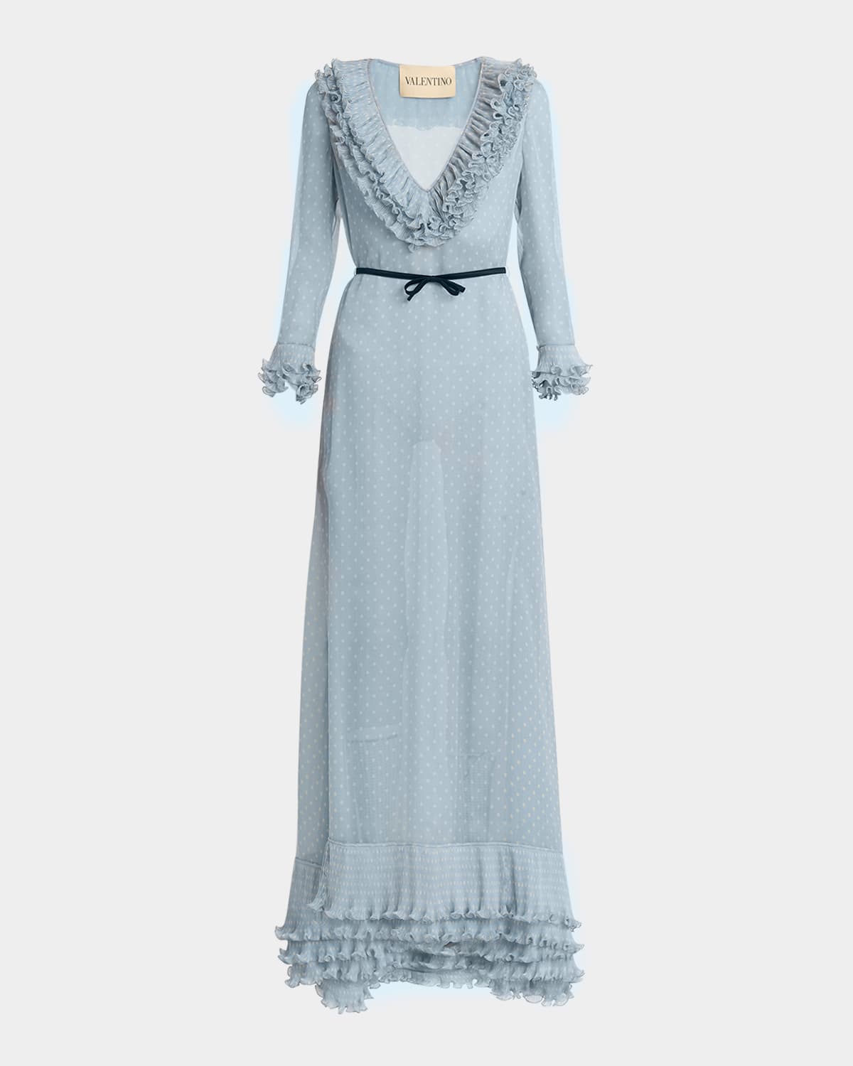 Polka Dot Layered Ruffle Sheer Gown with Ribbon