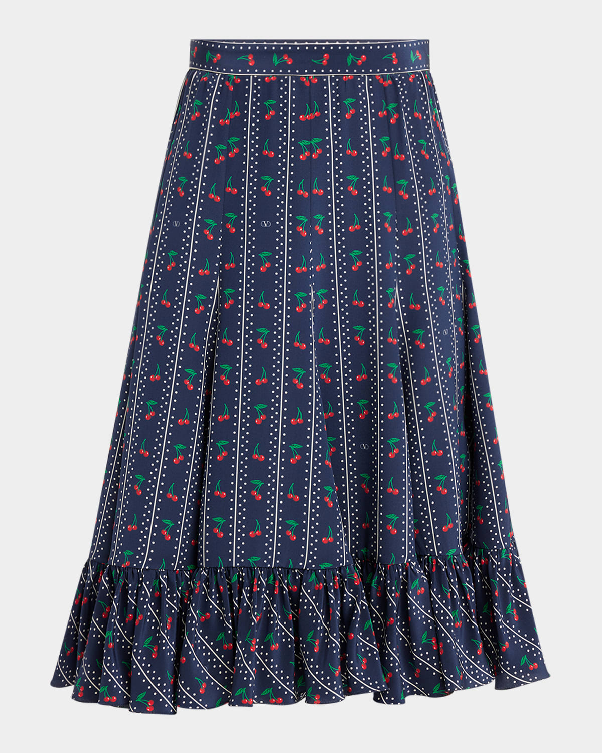Valentino Cherry Polka-dot Striped Crepe De Chine Skirt