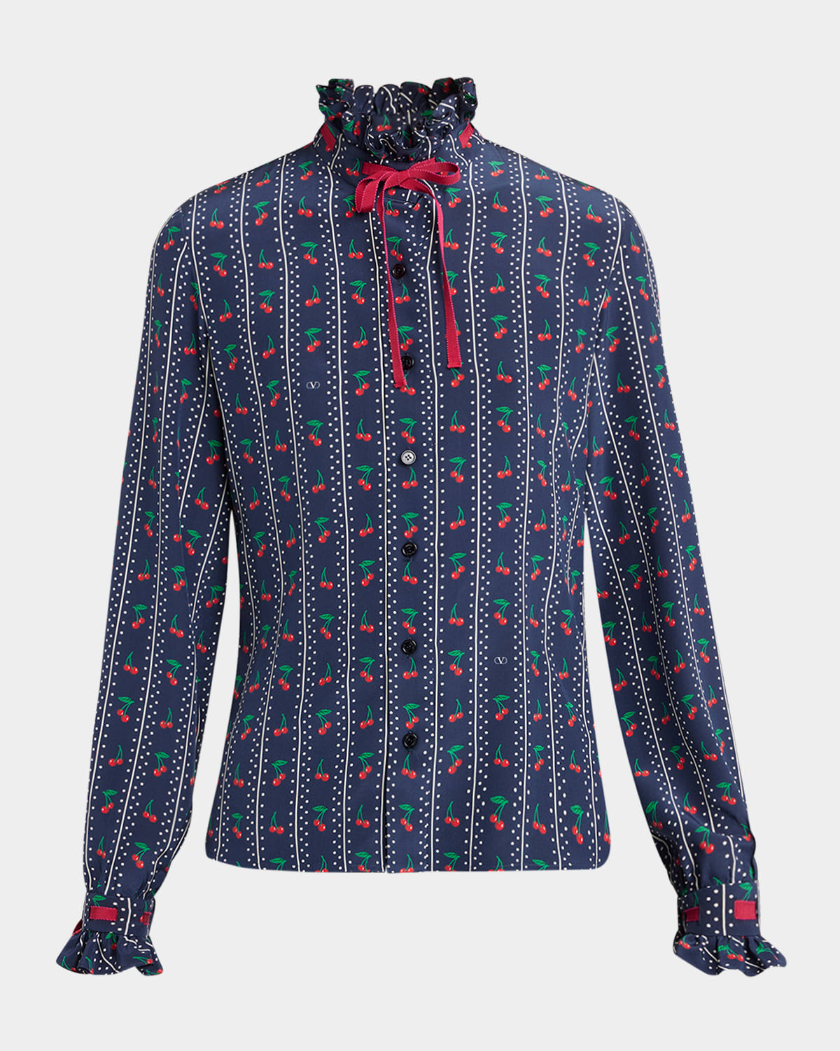 Valentino Cherry Polka-dot Striped Crepe De Chine Shirt
