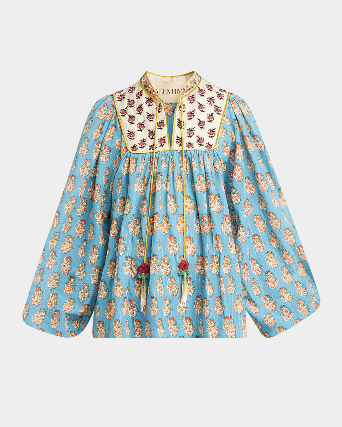 Valentino Beaded Pinstripe Floral-print Blouse In Multi